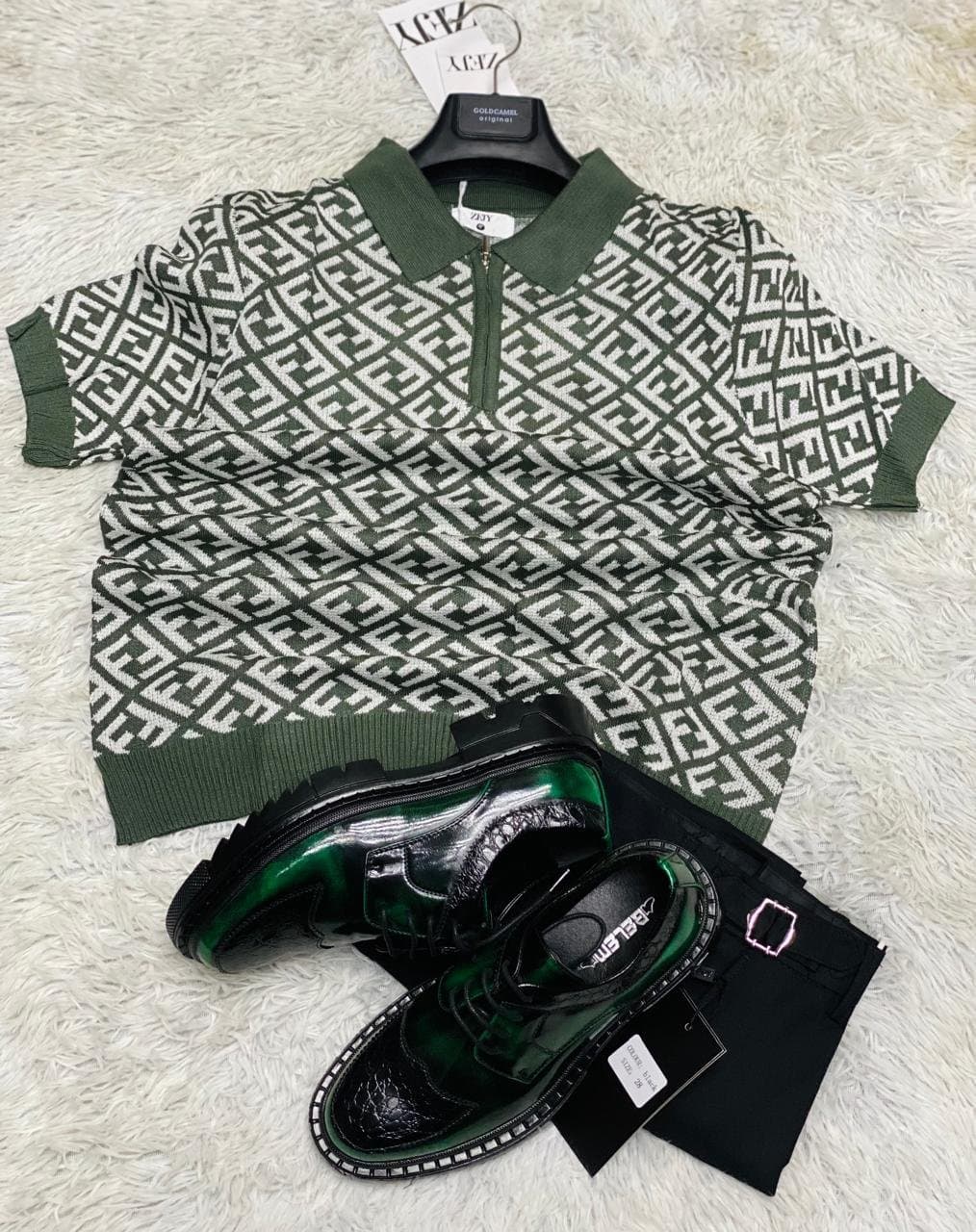 Trendy Knit Polo Shirt Green — Cotton Blend, S-XL