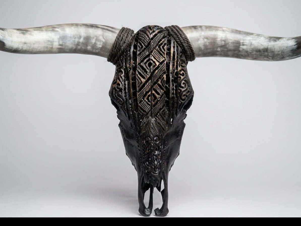The Sovereign Motif - Hand carved Nguni Skull with Polished Horns
