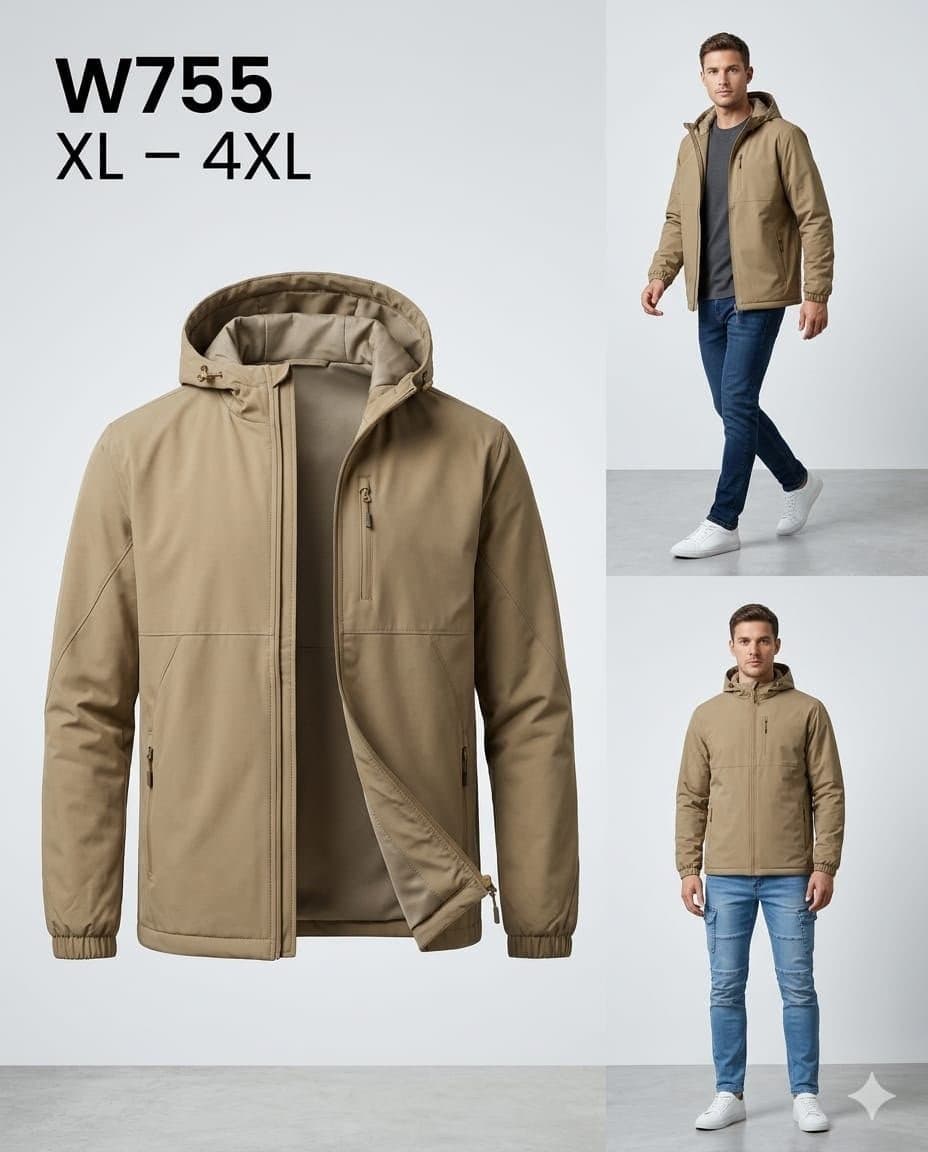 W755 Casual Jacket with Hood — XL-4XL, Khaki