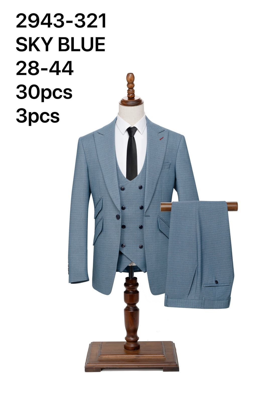 Sky Blue 3-Piece Suit — Tailored Fit, Sizes 28-44